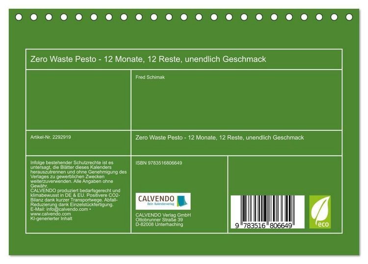 Produktbild: Zero Waste Pesto - 12 Monate, 12 Reste, unendlich Geschmack (Tischkalender 2027 DIN A5 quer), CALVENDO Monatskalender