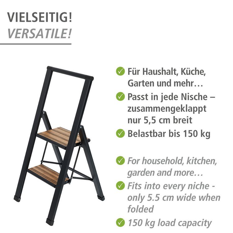 Produktbild: Alu-Design Klapptrittleiter 2-stufig Schwarz, rutschsichere XXL-Stufen