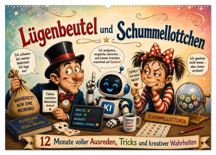 Produktbild: L&uuml;genbeutel und Schummellottchen - 12 Monate voller Ausreden, Tricks und kreativer Wahrheiten (Wandkalender 2027 DIN A2 quer), CALVENDO Monatskalender