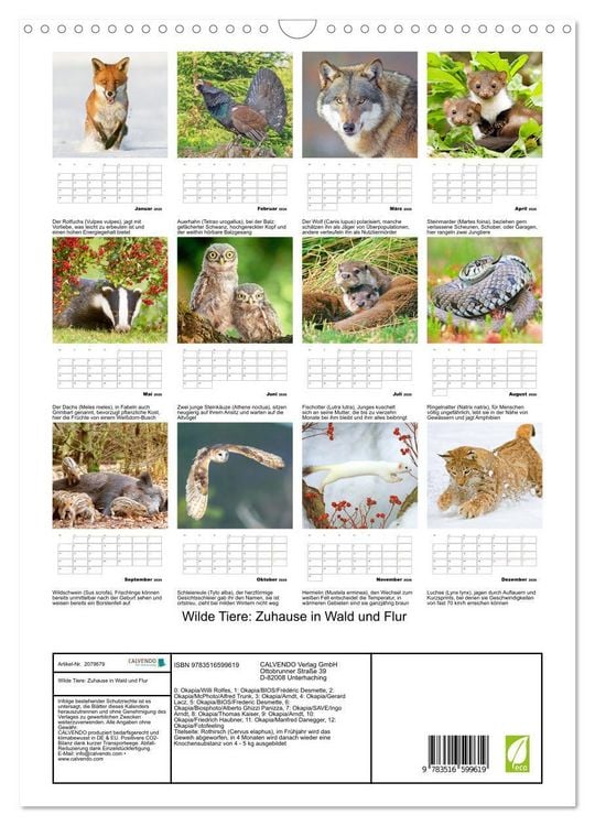 Produktbild: Wilde Tiere: Zuhause in Wald und Flur (Wandkalender 2026 DIN A3 hoch), CALVENDO Monatskalender