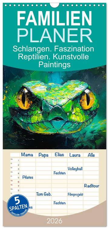 Produktbild: Familienplaner 2026 - Schlangen. Faszination Reptilien. Kunstvolle Paintings mit 5 Spalten (Wandkalender, 21 x 45 cm) CALVENDO