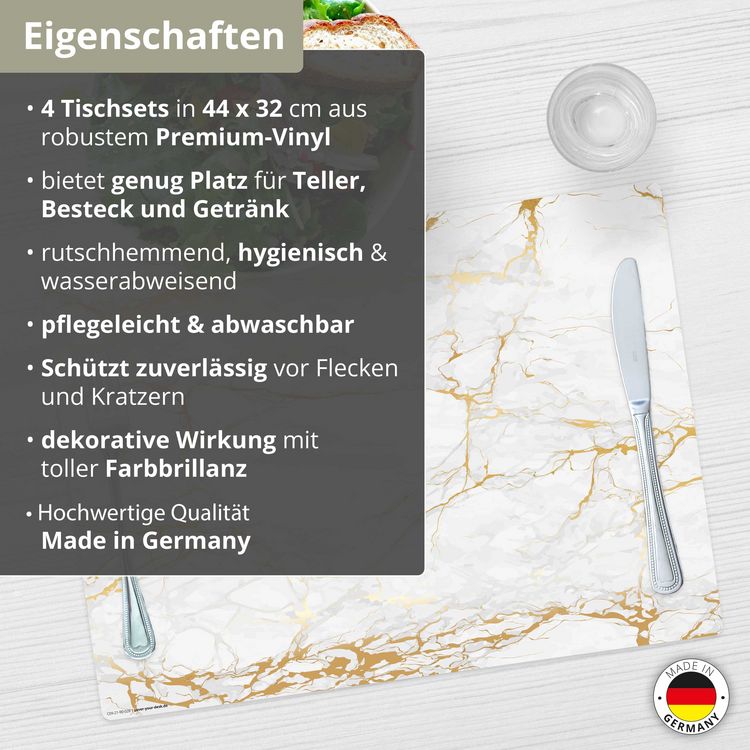 Produktbild: Tischsetmacher Tischsets Wei&szlig;er Marmor mit Goldadern, aus hochwertigem Vinyl (4 St&uuml;ck), 44 x 32 cm