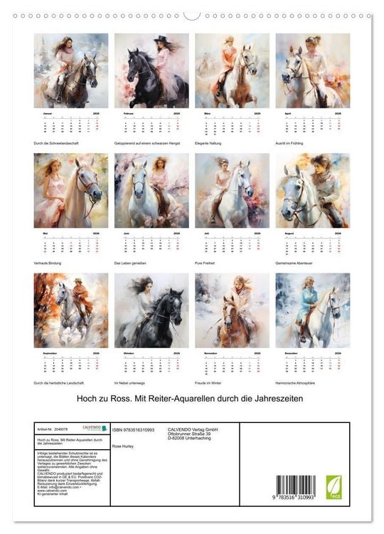 Produktbild: Hoch zu Ross. Mit Reiter-Aquarellen durch die Jahreszeiten (hochwertiger Premium Wandkalender 2026 DIN A2 hoch), Kunstdruck in Hochglanz