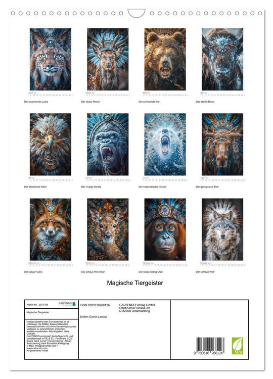 Produktbild: Magische Tiergeister (Wandkalender 2026 DIN A3 hoch), CALVENDO Monatskalender