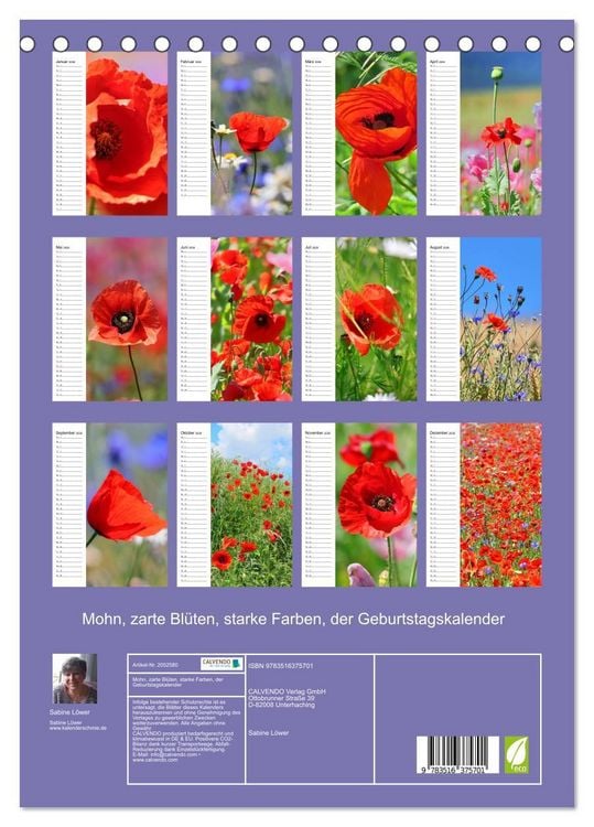 Produktbild: Mohn, zarte Bl&uuml;ten, starke Farben, der Geburtstagskalender (Tischkalender 2026 DIN A5 hoch), CALVENDO Monatskalender