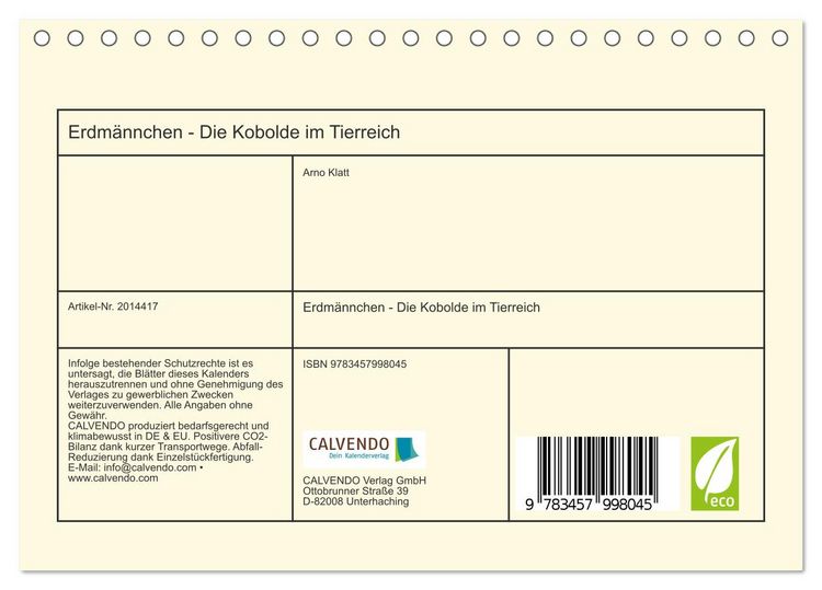 Produktbild: Erdm&auml;nnchen - Die Kobolde im Tierreich (Tischkalender 2026 DIN A5 quer), CALVENDO Monatskalender