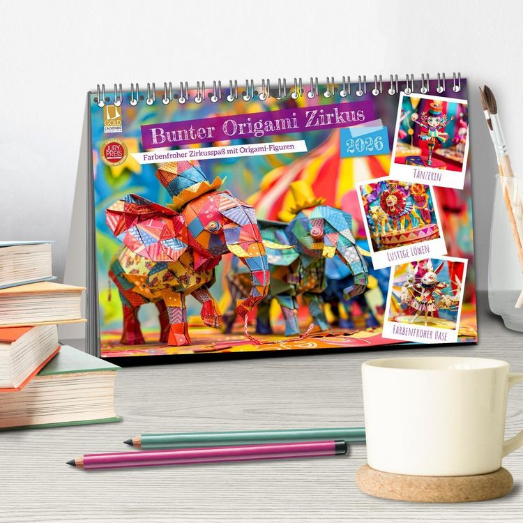 Produktbild: Bunter Origami Zirkus - Farbenfroher Zirkusspa&szlig; mit Origami-Figuren (Tischkalender 2026 DIN A5 quer), CALVENDO Monatskalender