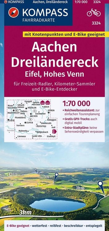 Produktbild: KOMPASS Fahrradkarte 3324 Aachen, Dreil&auml;ndereck, Eifel, Hohes Venn mit Knotenpunkten 1:70.000