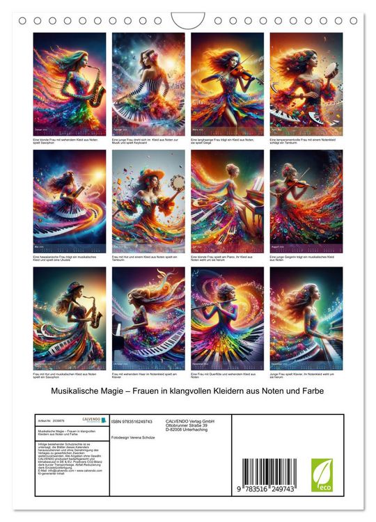 Produktbild: Musikalische Magie &ndash; Frauen in klangvollen Kleidern aus Noten und Farbe (Wandkalender 2026 DIN A4 hoch), CALVENDO Monatskalender