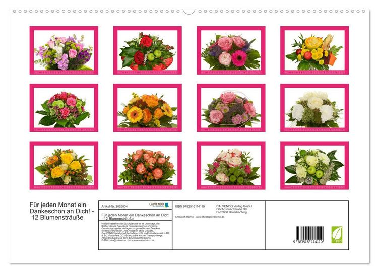 Produktbild: F&uuml;r jeden Monat ein Dankesch&ouml;n an Dich! - 12 Blumenstr&auml;u&szlig;e (hochwertiger Premium Wandkalender 2026 DIN A2 quer), Kunstdruck in Hochglanz