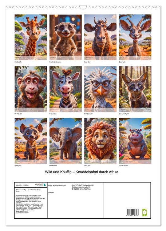 Produktbild: Wild und Knuffig &ndash; Knuddelsafari durch Afrika (Wandkalender 2026 DIN A2 hoch), CALVENDO Monatskalender