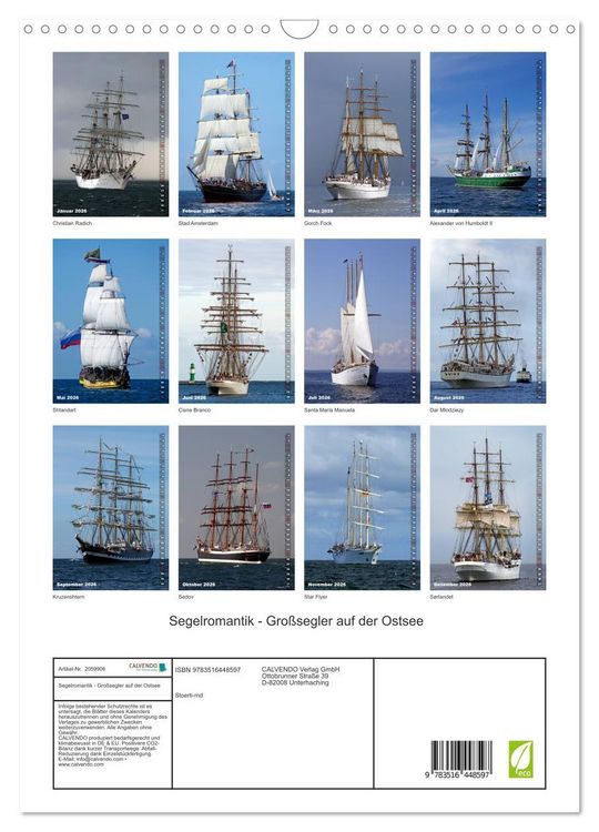 Produktbild: Segelromantik - Gro&szlig;segler auf der Ostsee (Wandkalender 2026 DIN A3 hoch), CALVENDO Monatskalender