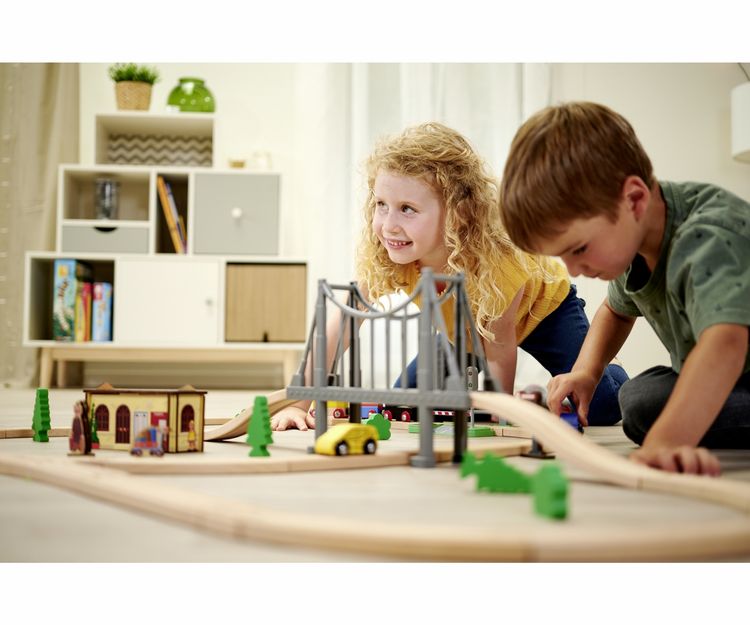 Eichhorn – Kit De Train 55 Pièces Avec Pont – Bois De Hêtre FSC – 500 Cm De Rails – Compatible Avec Autres Marques