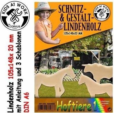 Produktbild: Corvus A600588 - Kids-at-Work, Hoftiere 1 (Pferd/Pony/Rind), Schnitz- & Gestalt-Lindenholz A6/20mm