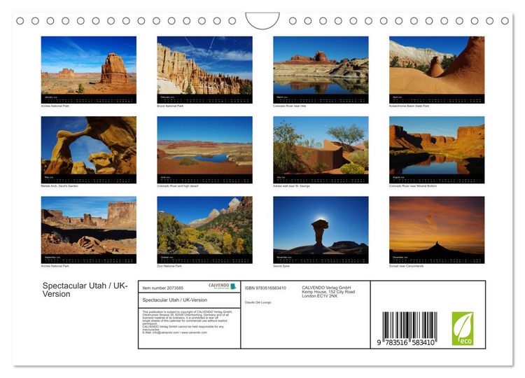 Produktbild: Spectacular Utah / UK-Version (Wall Calendar 2026 DIN A4 landscape), CALVENDO 12 Month Wall Calendar