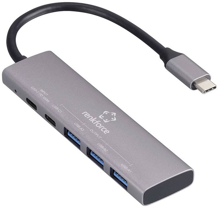 Produktbild: Renkforce RF-6439798 USB-Hub 5 Port USB-A USB 3.2 Gen1 5 GBit/s USB-C&reg; PD Ladeanschluss Grau RF-USBH-280