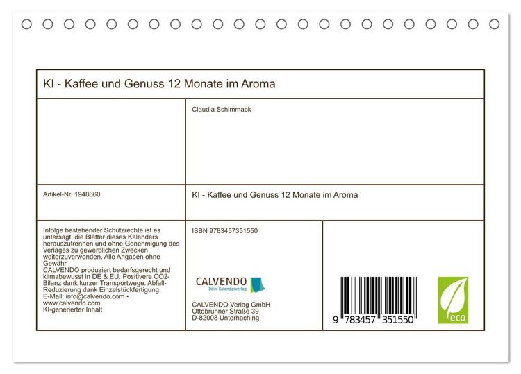 Produktbild: KI - Kaffee und Genuss 12 Monate im Aroma (Tischkalender 2026 DIN A5 quer), CALVENDO Monatskalender