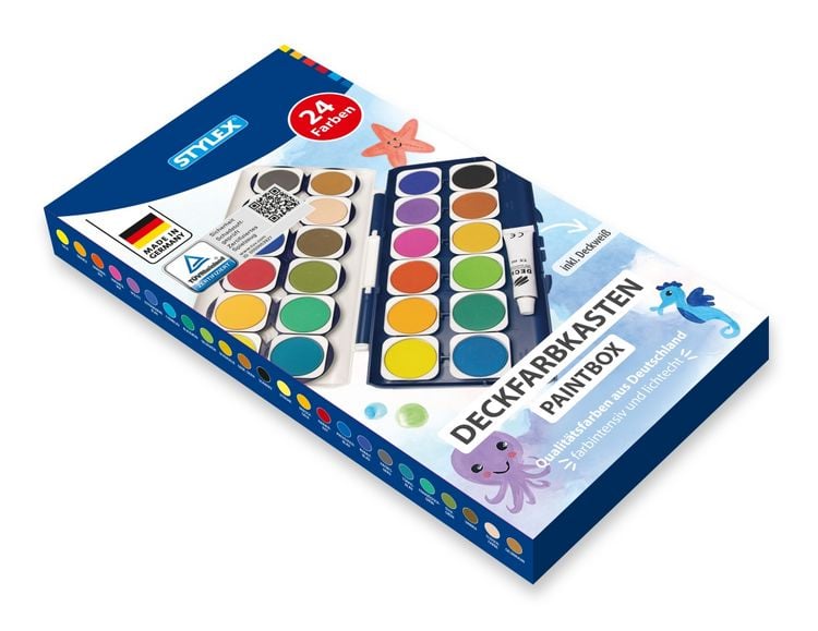 Produktbild: Stylex Deckfarbkasten 24 Farben mit 1 Tube Deckwei&szlig; und 6 integrierte runde Mischfelder