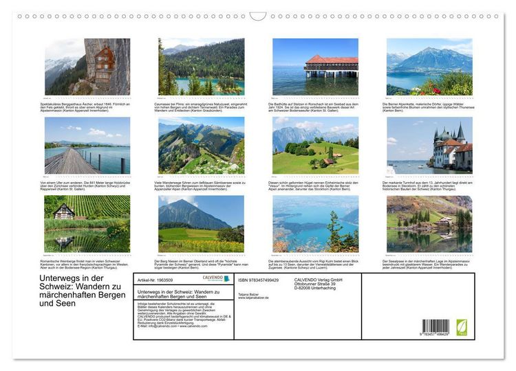 Produktbild: Unterwegs in der Schweiz: Wandern zu m&auml;rchenhaften Bergen und Seen (Wandkalender 2026 DIN A2 quer), CALVENDO Monatskalender