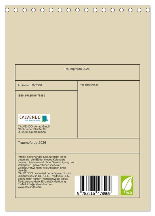 Produktbild: Traumpferde 2026 (Tischkalender 2026 DIN A5 hoch), CALVENDO Monatskalender