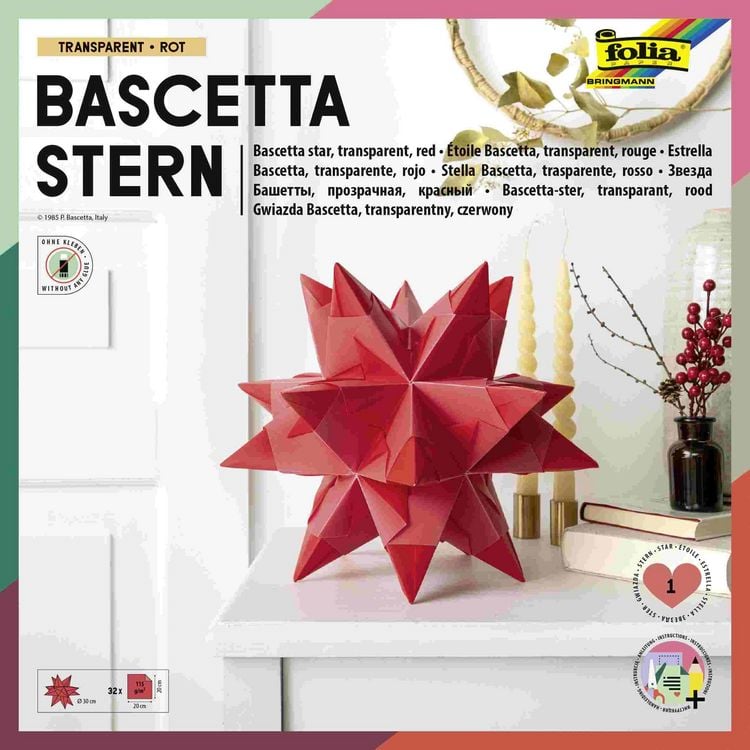 Produktbild: Folia Bascetta-Stern Set, TRANSPARENTPAPIER 115g/m&sup2;, 20x20cm, 32 Blatt, rot