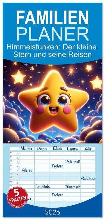 Produktbild: Familienplaner 2026 - Himmelsfunken: Der kleine Stern und seine Reisen mit 5 Spalten (Wandkalender, 21 x 45 cm) CALVENDO
