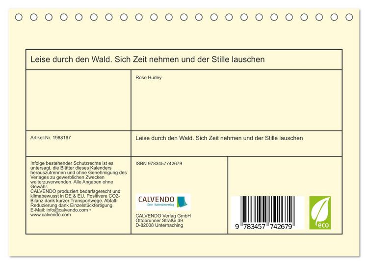 Produktbild: Leise durch den Wald. Sich Zeit nehmen und der Stille lauschen (Tischkalender 2026 DIN A5 quer), CALVENDO Monatskalender
