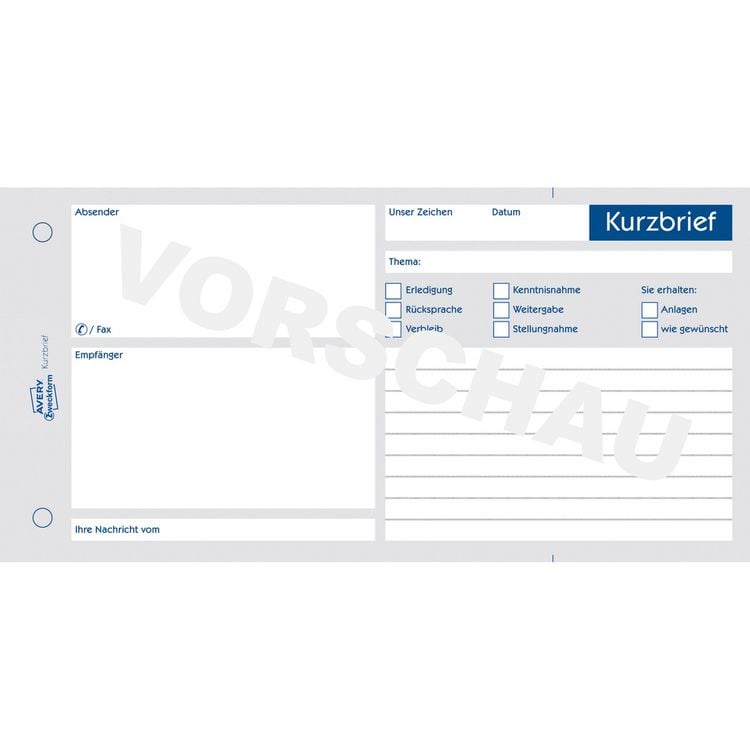 Produktbild: AVERY Zweckform Kurzbrief mit Blaupapier 1/3 DIN A4 100 Blatt