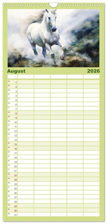 Produktbild: Familienplaner 2026 - Anmutige Schimmel. &Auml;sthetik Aquarell-Pferde mit 5 Spalten (Wandkalender, 21 x 45 cm) CALVENDO