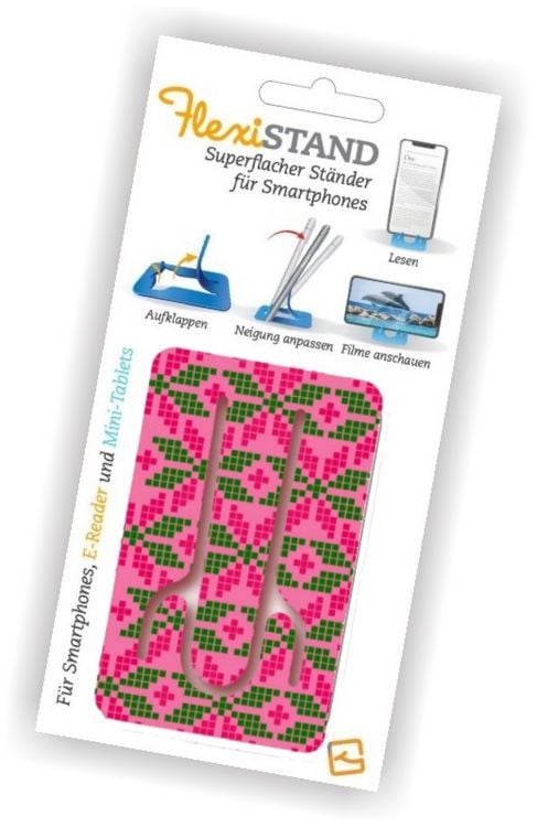 Produktbild: Flexistand (Icelandic Pink) - flexibler Handyaufsteller - f&uuml;r alle Handys und Mini-Tablets - superflach - stufenlos verstellbar - hochkant und quer - passt in jede Hosentasche