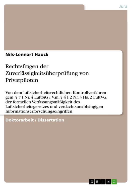 Produktbild: Rechtsfragen der Zuverl&auml;ssigkeits&uuml;berpr&uuml;fung von Privatpiloten