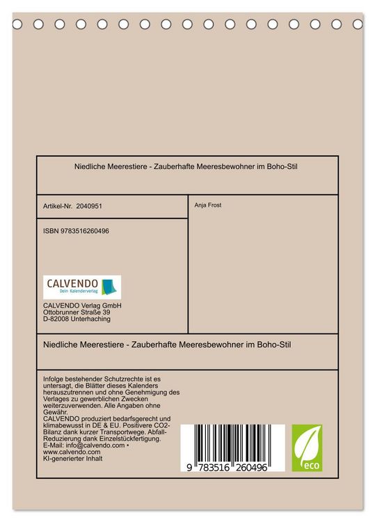 Produktbild: Niedliche Meerestiere - Zauberhafte Meeresbewohner im Boho-Stil (Tischkalender 2026 DIN A5 hoch), CALVENDO Monatskalender