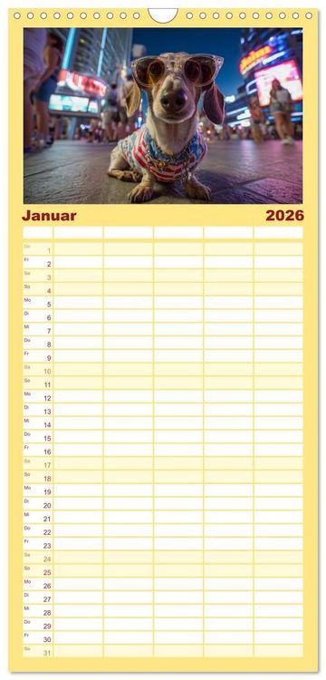 Produktbild: Familienplaner 2026 - Dackel auf gro&szlig;er Tour - S&uuml;&szlig;e Hunde entdecken die Welt mit 5 Spalten (Wandkalender, 21 x 45 cm) CALVENDO