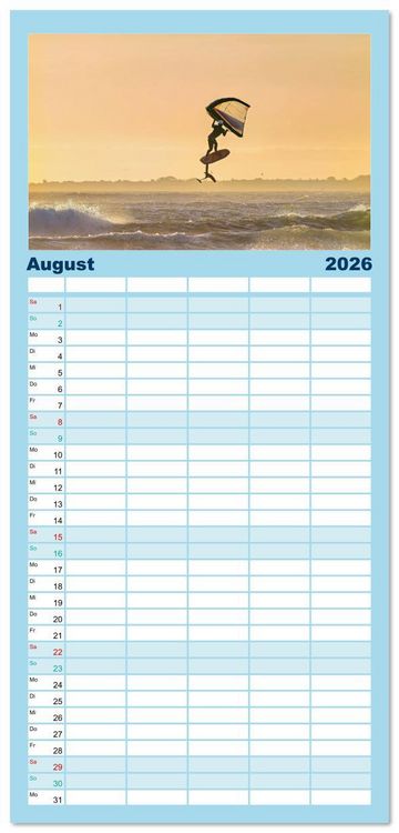 Produktbild: Familienplaner 2026 - Wingfoilen - fliegen &uuml;ber das Wasser mit 5 Spalten (Wandkalender, 21 x 45 cm) CALVENDO