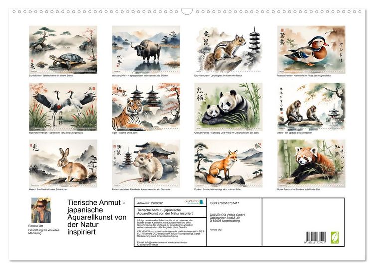 Produktbild: Tierische Anmut - japanische Aquarellkunst von der Natur inspiriert (Wandkalender 2026 DIN A2 quer), CALVENDO Monatskalender