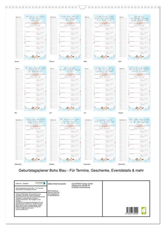 Produktbild: Geburtstagsplaner Boho Blau - F&uuml;r Termine, Geschenke, Eventdetails & mehr (Wandkalender 2026 DIN A2 hoch), CALVENDO Monatskalender