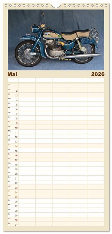 Produktbild: Familienplaner 2026 - Deutsche Motorrad - Legenden - Rollende Kunstwerke aus alten Zeiten mit 5 Spalten (Wandkalender, 21 x 45 cm) CALVENDO