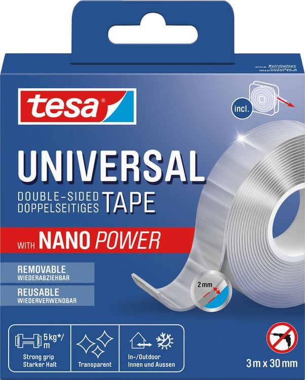 Produktbild: TESA&reg; Doppelseitiges Klebeband universal Nano Power auf Abroller, 30 mm x 3 m mit Abroller
