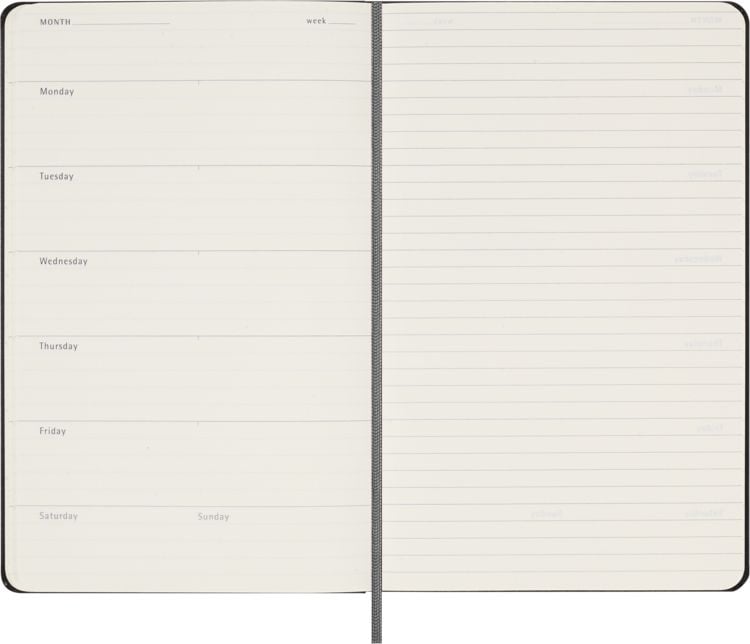 Produktbild: Moleskine undatierter Wochen Notizkalender, L/A5, 1 Wo = 1 Seite, Rechts linierte Seite, Fester Einband mit Textpr&auml;gung gold, Schwarz