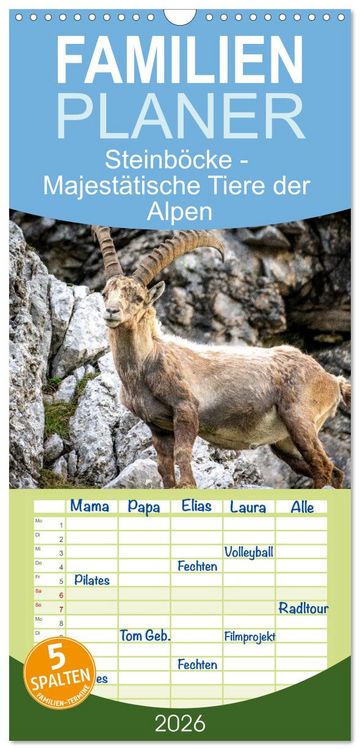 Produktbild: Familienplaner 2026 - Steinb&ouml;cke - Majest&auml;tische Tiere der Alpen mit 5 Spalten (Wandkalender, 21 x 45 cm) CALVENDO