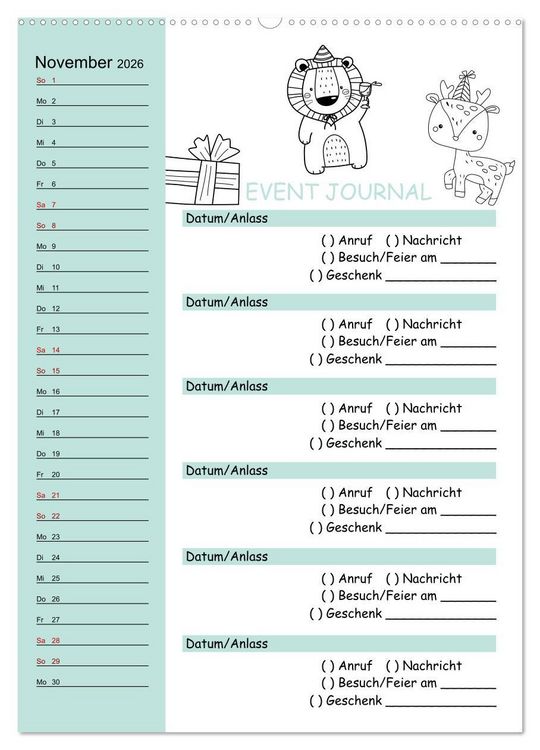 Produktbild: Geburtstagsplaner Doodle Tiere - F&uuml;r Termine, Geschenke, Eventdetails & mehr (hochwertiger Premium Wandkalender 2026 DIN A2 hoch), Kunstdruck in Hochglanz