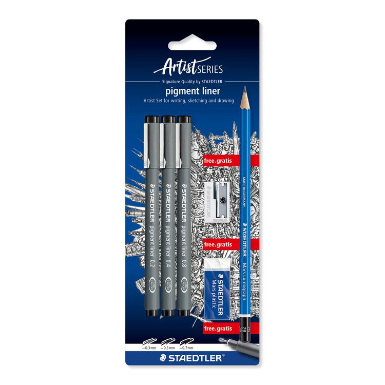 Produktbild: STAEDTLER pigment liner 308 Fineliner, 3er Set (0.3, 0.5, 0.7), 1 Radierer + 1 Spitzer, 308 SBK3P
