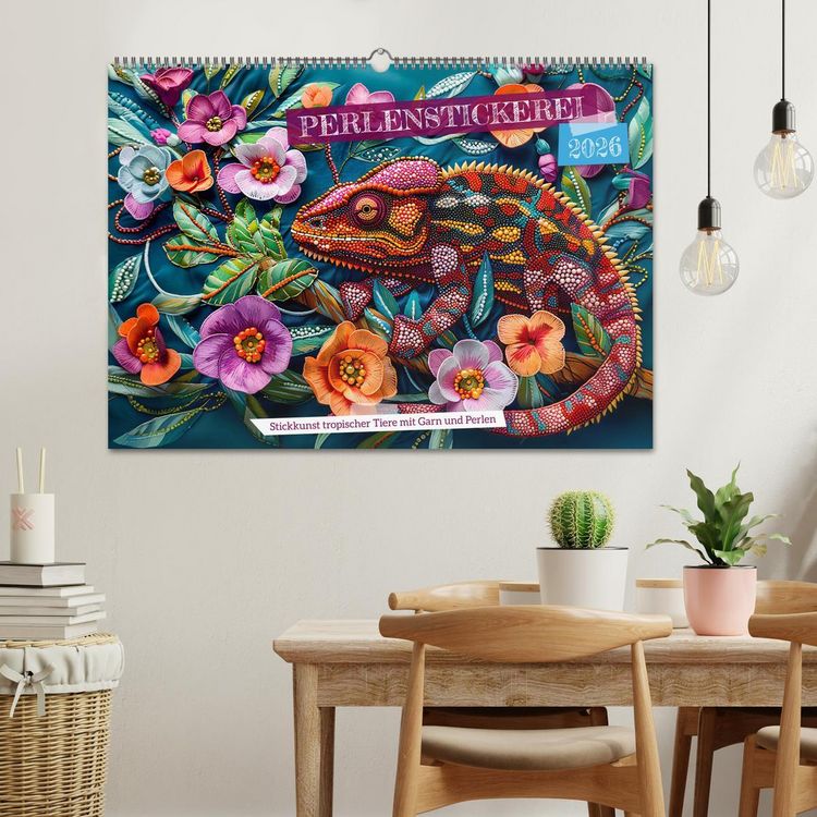 Produktbild: Perlenstickerei - Stickkunst tropischer Tiere mit Garn und Perlen (Wandkalender 2026 DIN A2 quer), CALVENDO Monatskalender
