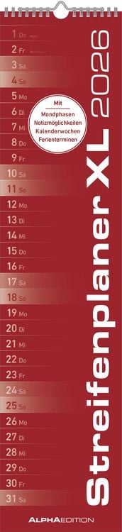 Bild vom Artikel Streifenplaner XL ROT 2026 - Streifenkalender 15x64 cm - Wandplaner - Küchenkalender - schmales Design - eine Spalte - Langplaner vom Autor Alpha Edition