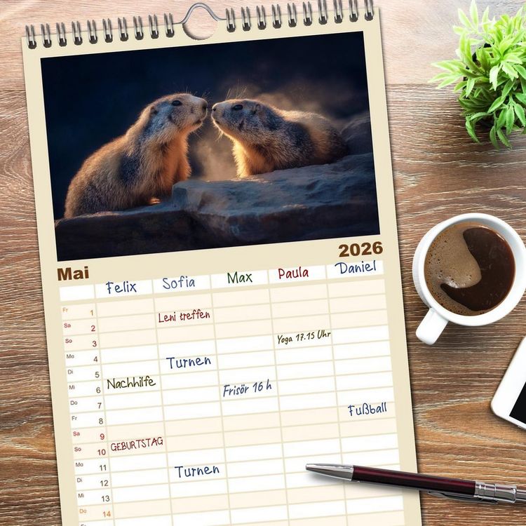 Produktbild: Familienplaner 2026 - Alpenpl&uuml;sch - Mit Murmeltieren durchs Jahr mit 5 Spalten (Wandkalender, 21 x 45 cm) CALVENDO