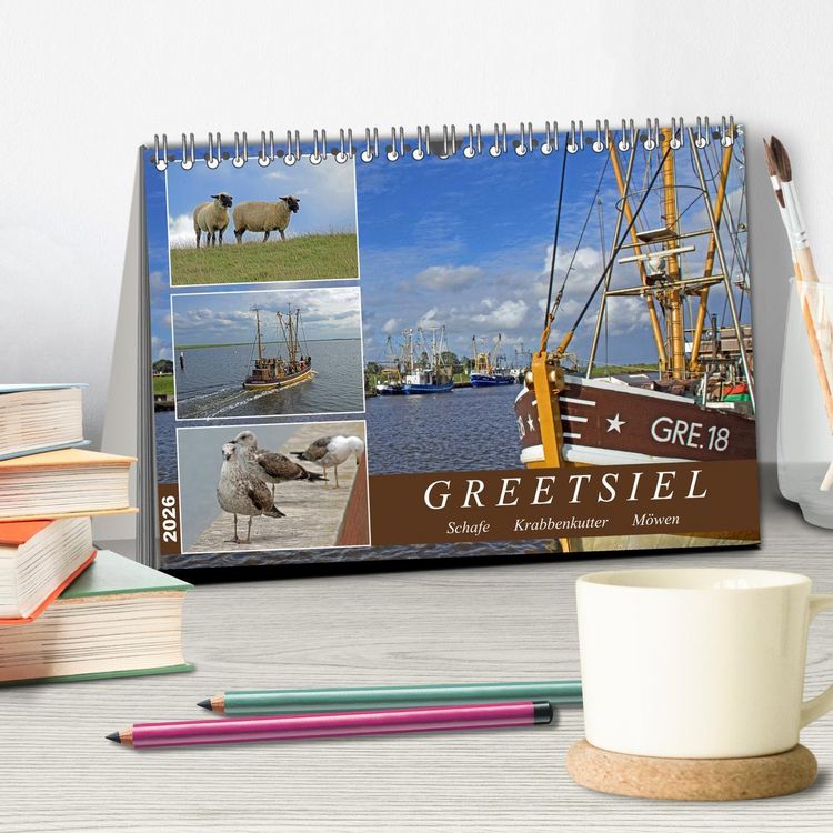 Produktbild: GREETSIEL - Schafe - Krabbenkutter - M&ouml;wen (Tischkalender 2026 DIN A5 quer), CALVENDO Monatskalender