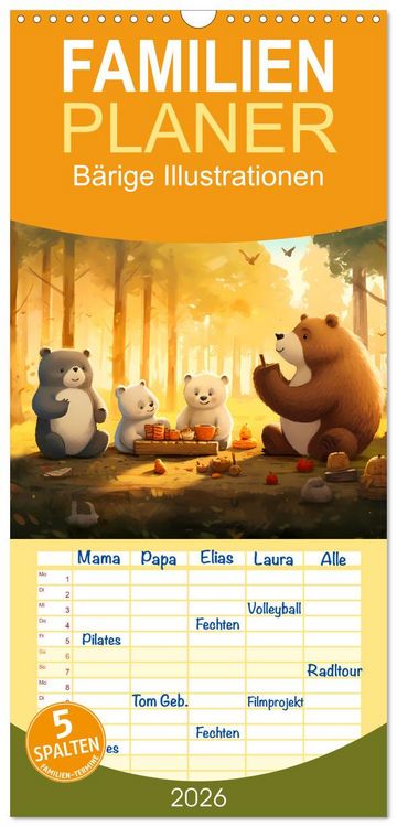 Produktbild: Familienplaner 2026 - B&auml;rige Illustrationen mit 5 Spalten (Wandkalender, 21 x 45 cm) CALVENDO