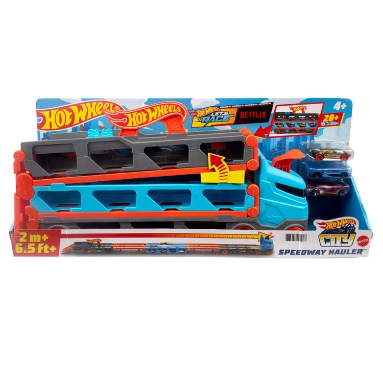 Produktbild: Hot Wheels - 2-in-1 Rennbahn-Transporter inkl. 3 Spielzeugautos