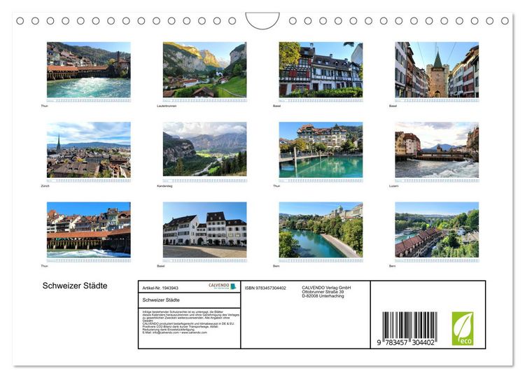 Produktbild: Schweizer St&auml;dte (Wandkalender 2026 DIN A4 quer), CALVENDO Monatskalender