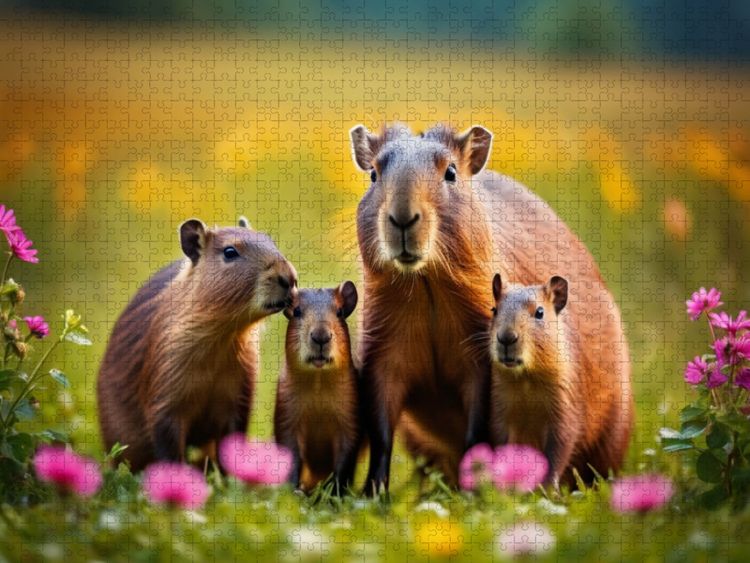 Produktbild: CALVENDO Puzzle Familie Wasserschwein auf bunter Blumenwiese | 1000 Teile Lege-Gr&ouml;&szlig;e 64x48cm Foto-Puzzle f&uuml;r gl&uuml;ckliche Stunden